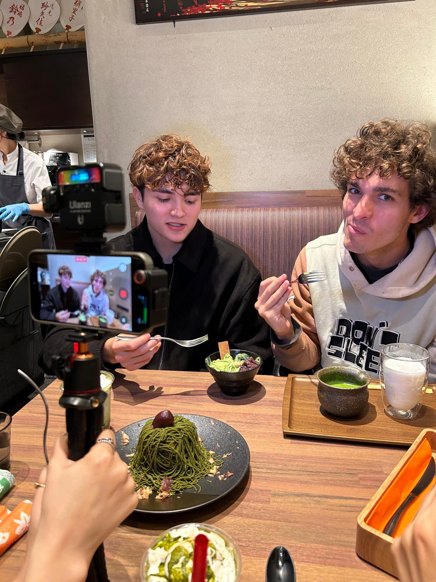 Sharing a meal with new friends in Japan